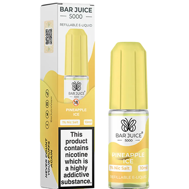 Pineapple ice flavoured Bar Juice 5000 e-liquid and box on a white background