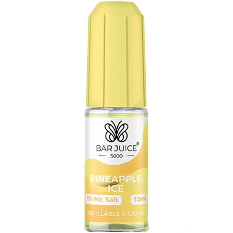 Pineapple ice flavoured Bar Juice 5000 e-liquid on a white background with product information below.