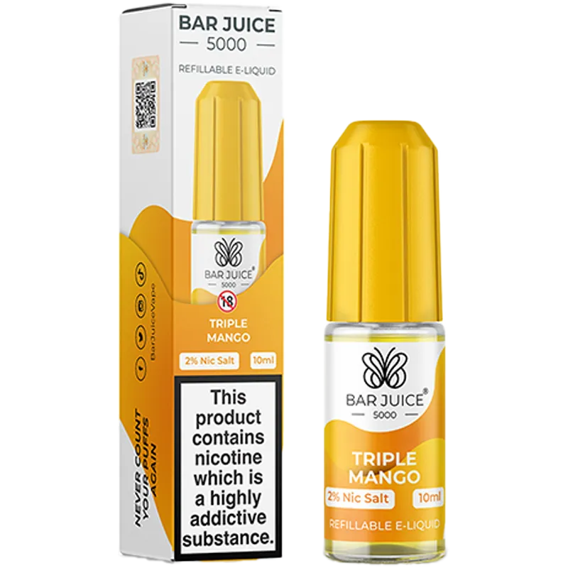 Triple mango flavoured Bar Juice 5000 e-liquid and box on a white background