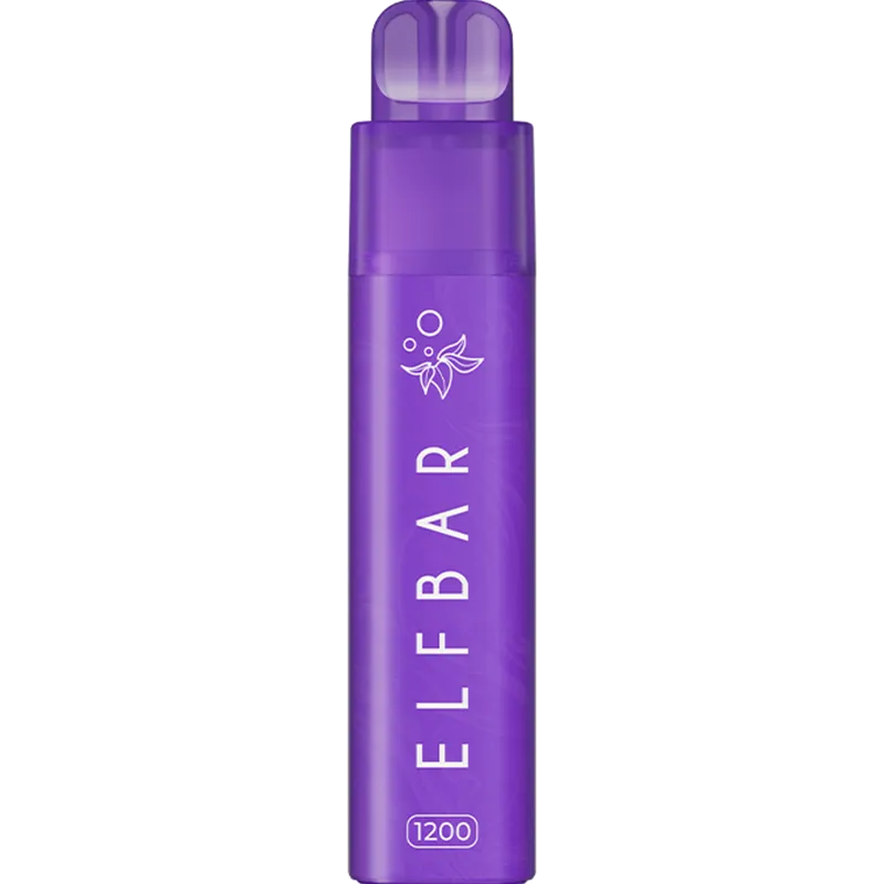 Elf Bar 1200 2-in-1 Purple Edition pod kit on a white background with product information below in a gold box.
