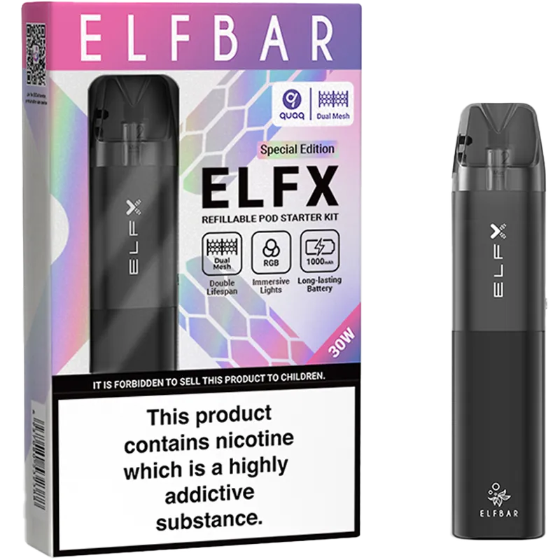 Black Elf Bar ELFX pod kit and box.