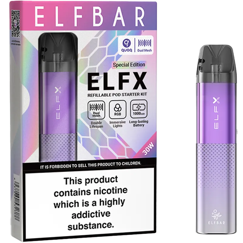 Purple Elf Bar ELFX pod kit and box.