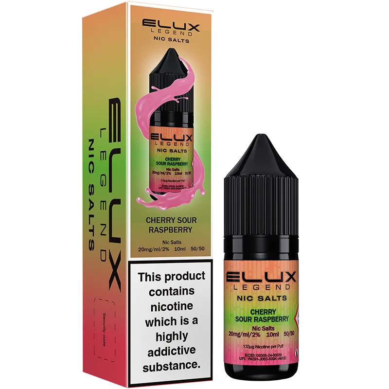 Cherry sour raspberry flavoured ELUX Legend Nic Salts and box.