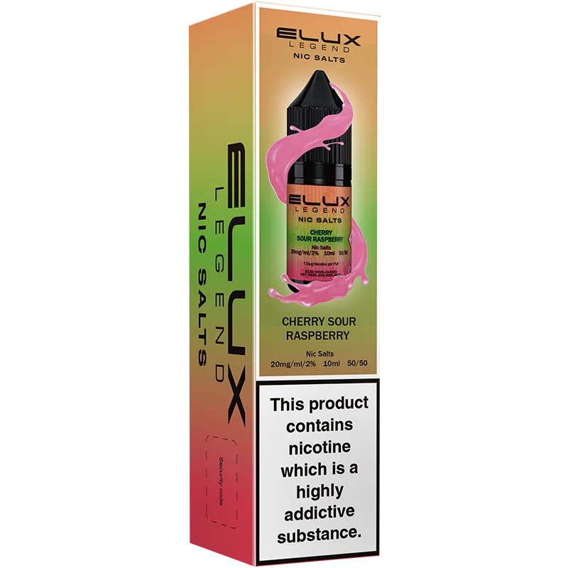Cherry sour raspberry flavoured ELUX Legend Nic Salts box.