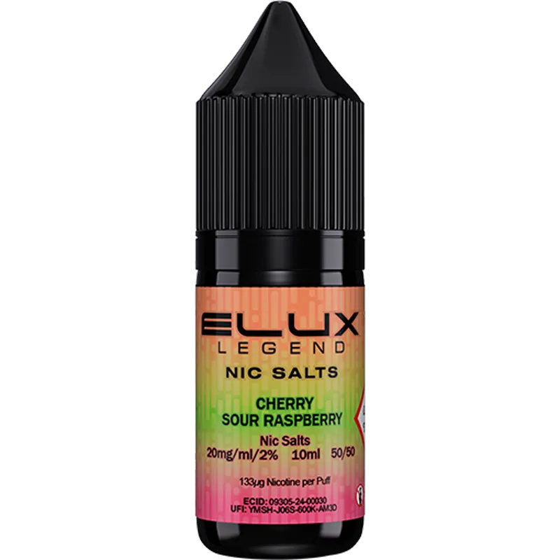 Cherry sour raspberry flavoured ELUX Legend Nic Salts.