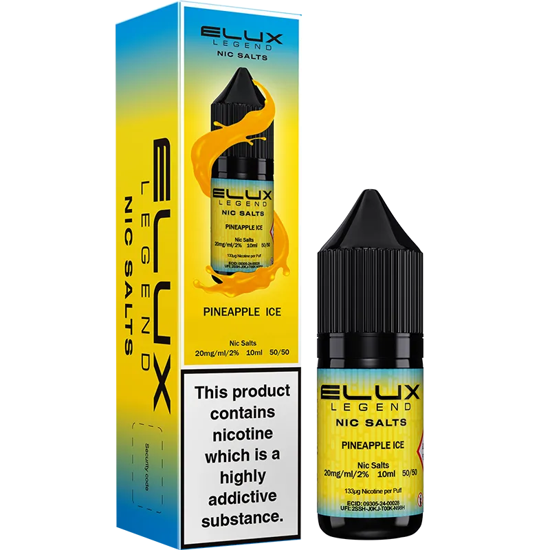 Pineapple ice flavoured ELUX Legend Nic Salts and box.