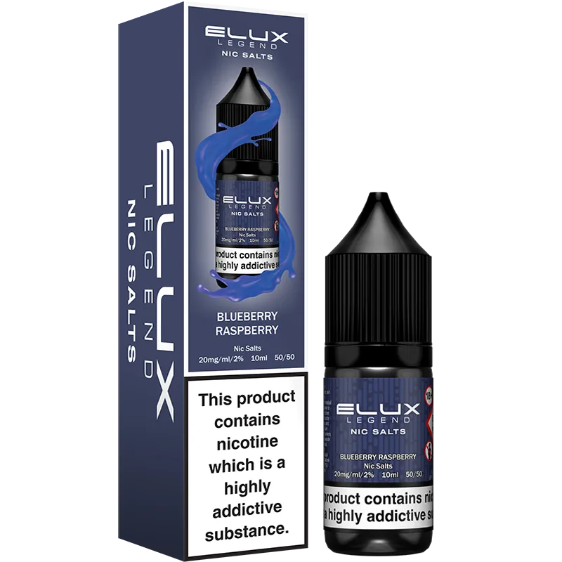 Blueberry raspberry Elux Legend Nic Salts and box.