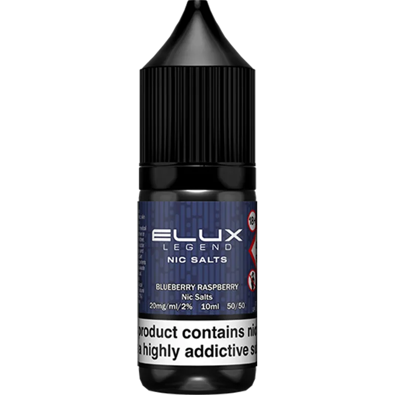 Blueberry raspberry Elux Legend Nic Salts e-liquids on a white background with product information below with product information in gold boxes.