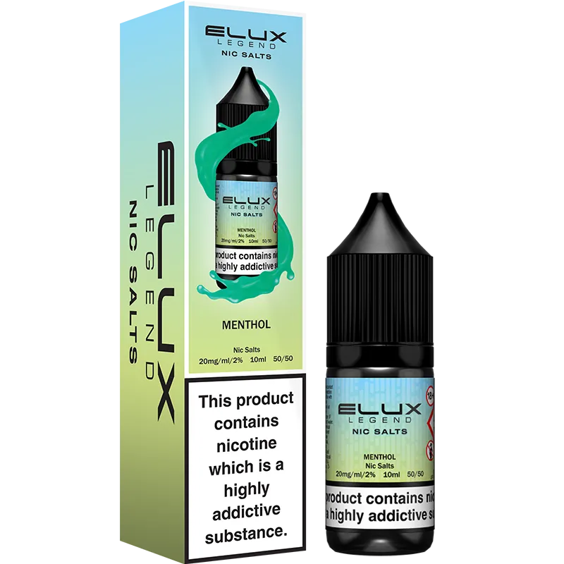 Menthol flavoured ELUX Legends Nic Salts e-liquid and box.