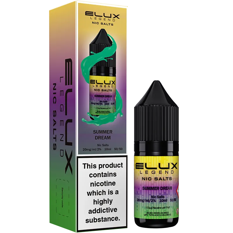 Summer dream flavoured ELUX Legends Nic Salts e-liquid and box.