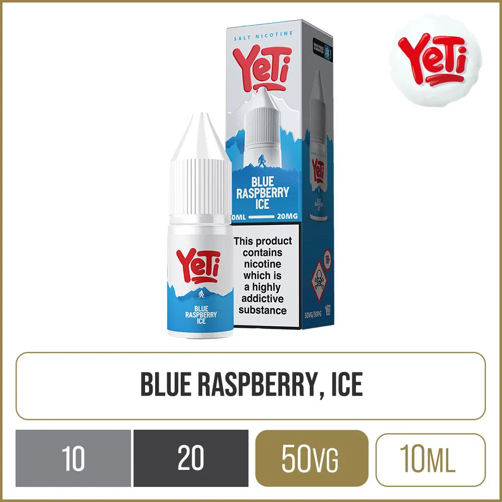 Blue raspberry ice Yeti on a white background with product information below.