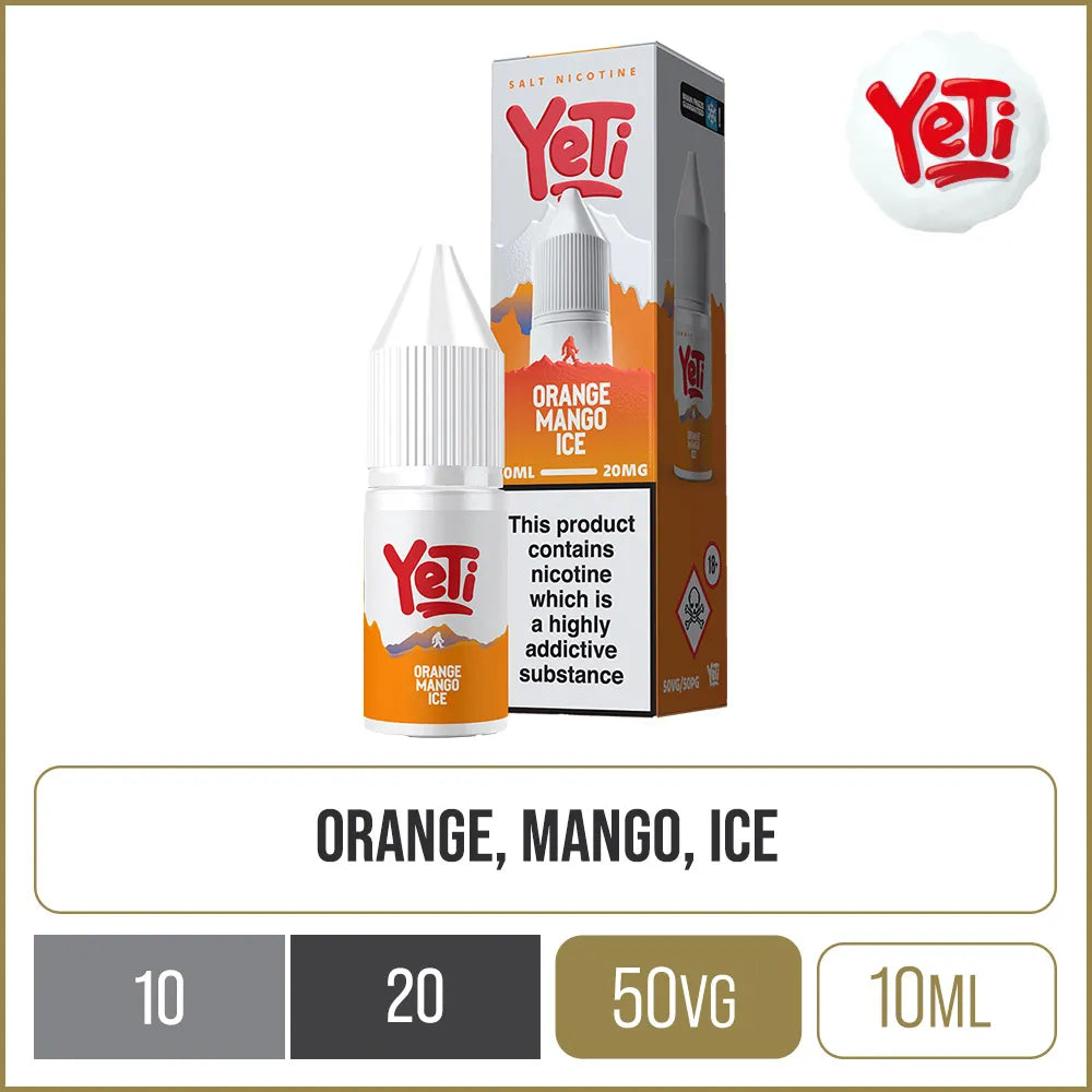 Orange mango ice Yeti e-liquid in a 20mg on a white background with product information below in gold boxes.