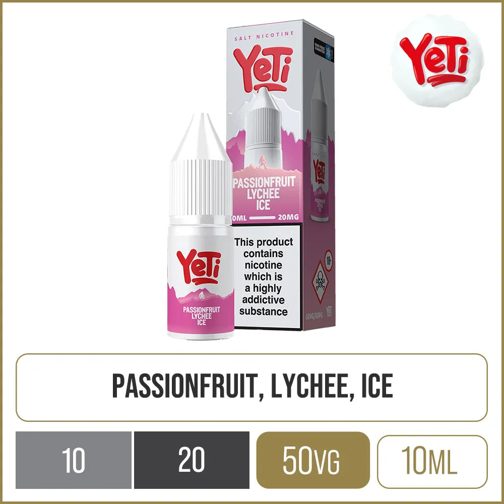 Passionfruit lychee ice Yeti e-liquid in a 20mg on a white background with product information below.