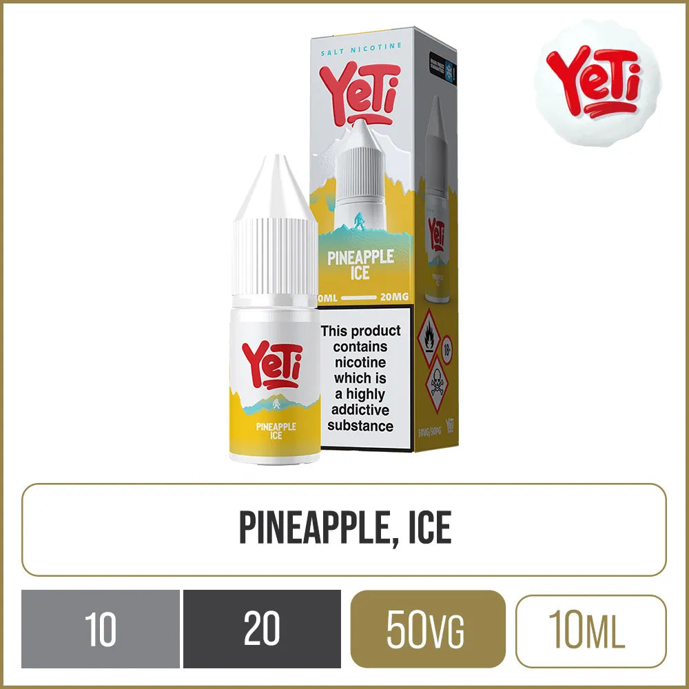 Pineapple ice flavoured Yeti e-liquid on a white background with product information below.