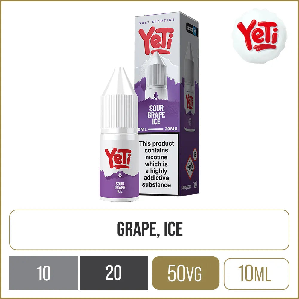 Sour grape ice Yeti e-liquid in a 20mg strength on a white background with product information below in gold boxes.
