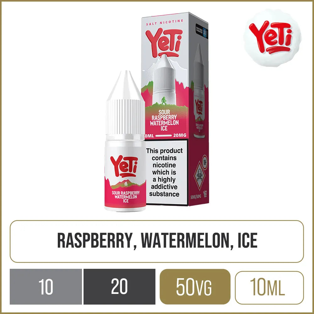 Sour raspberry watermelon ice flavoured Yeti e-liquid in a 20 mg/ml on a white background with gold boxes featuring product information.