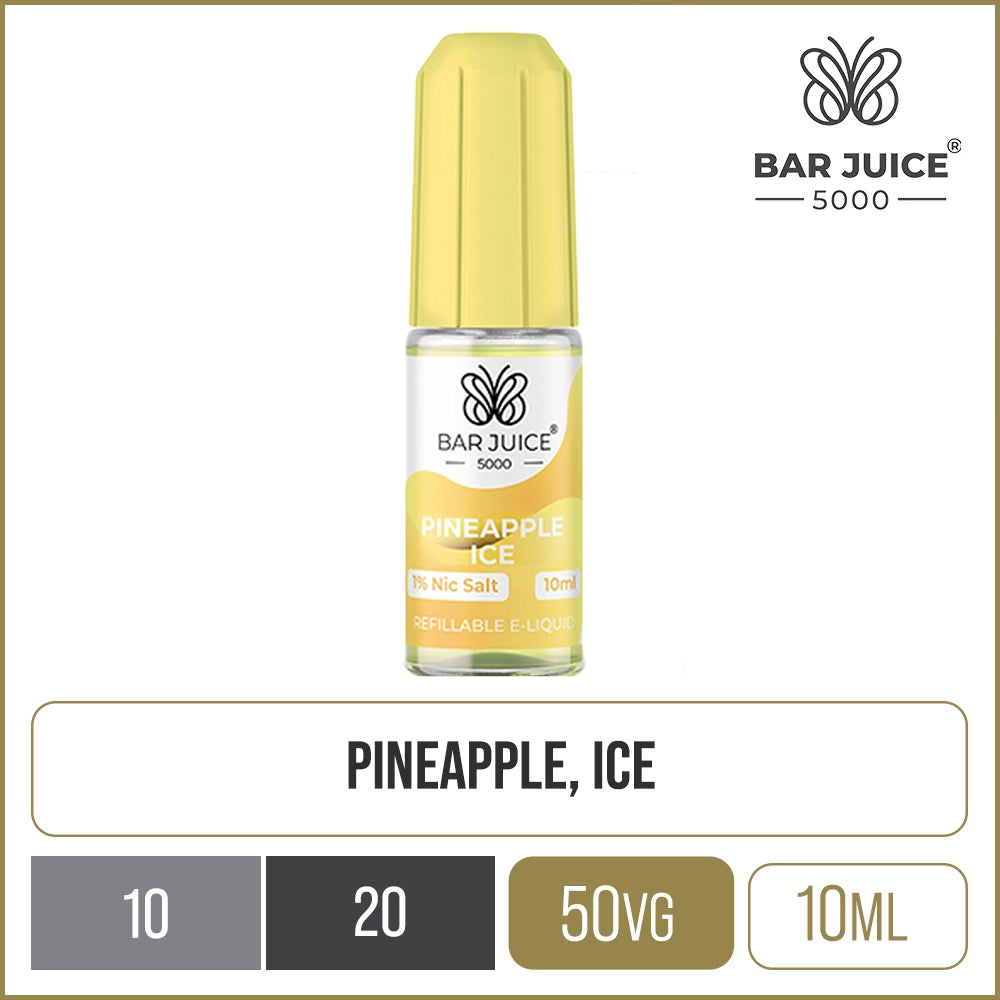 Pineapple ice flavoured Bar Juice 5000 e-liquid on a white background with product information below.