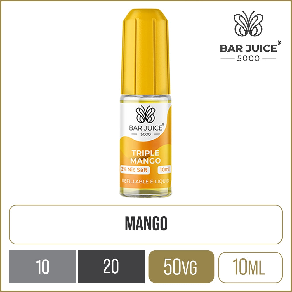 Triple mango flavoured Bar Juice 5000 e-liquid on a white background with product information below in gold boxes.