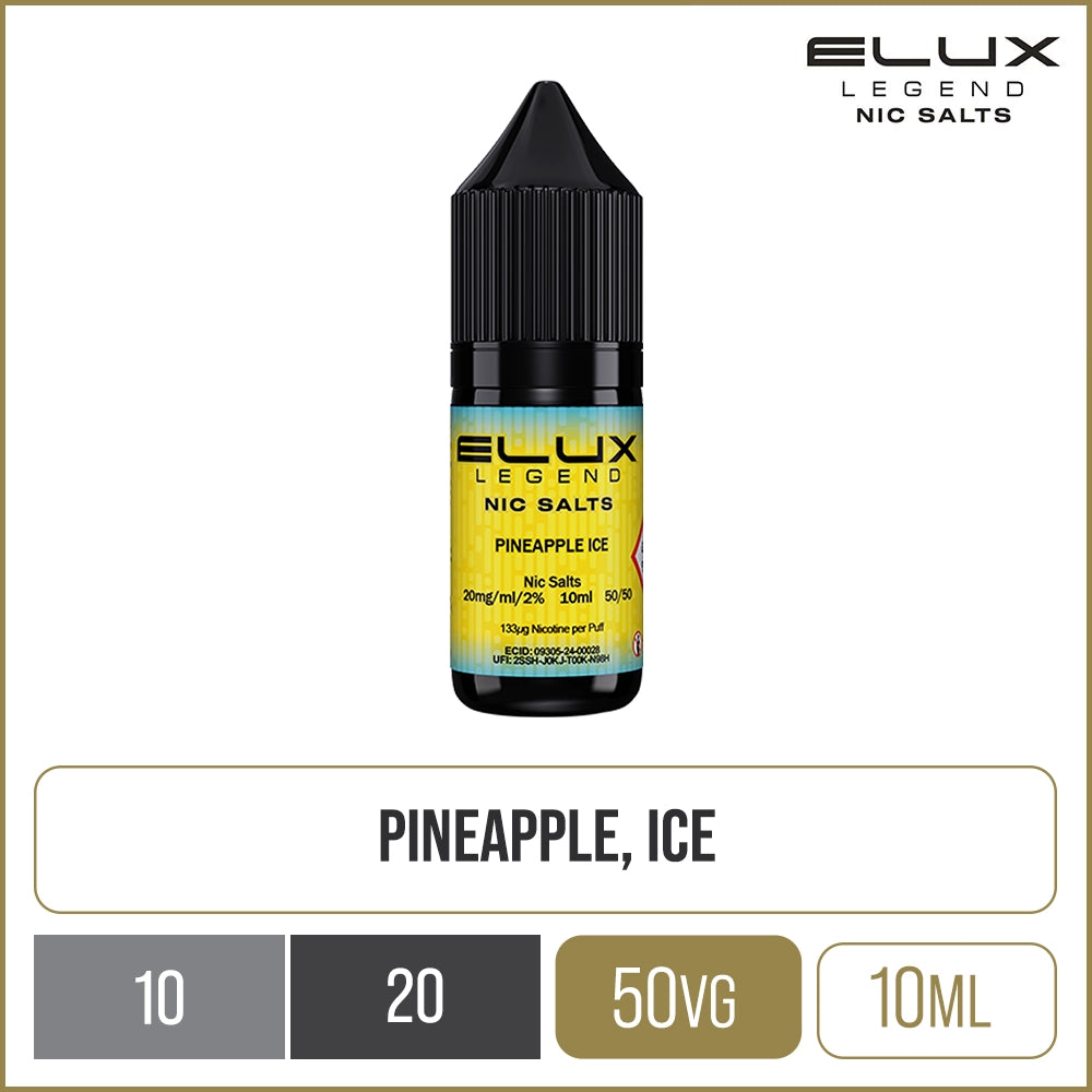 Pineapple ice flavoured ELUX Legend Nic Salts  on a white background with product information below in gold boxes.