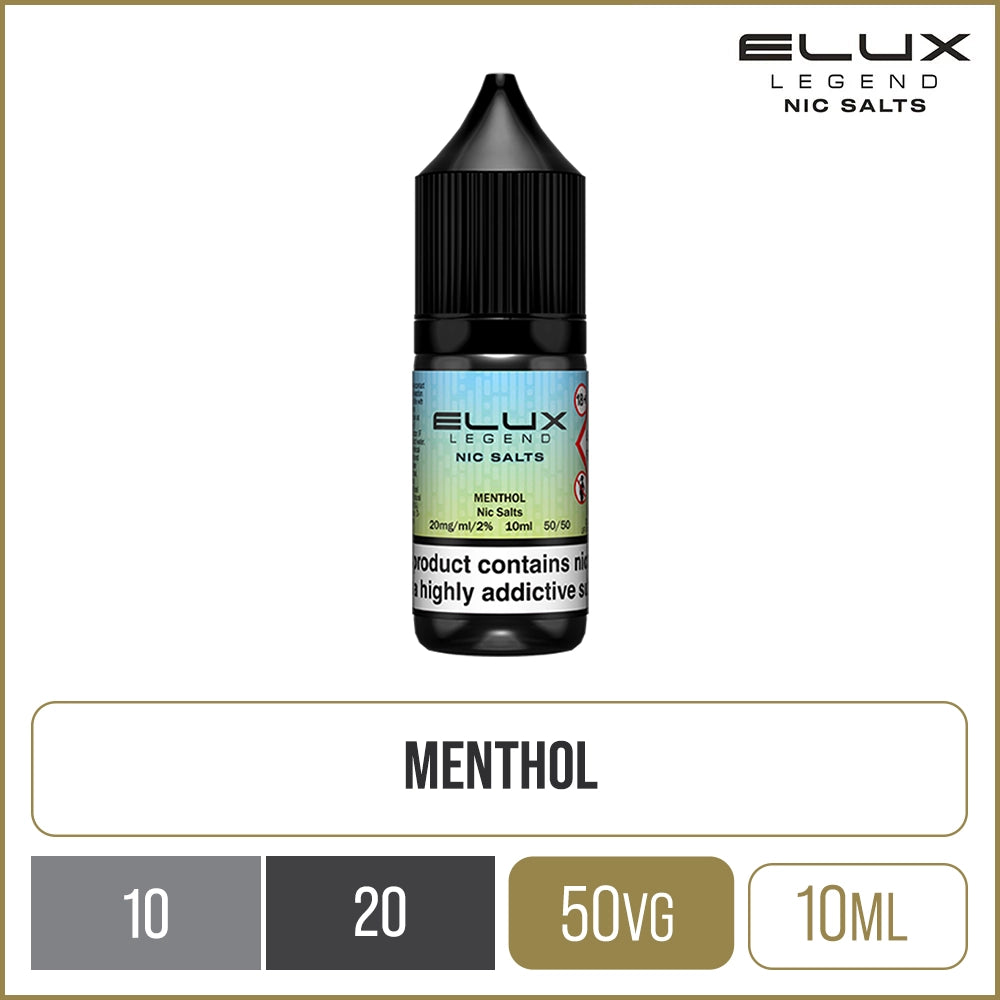 Menthol flavoured ELUX Legends Nic Salts e-liquid on a white background with product information below in gold boxes.