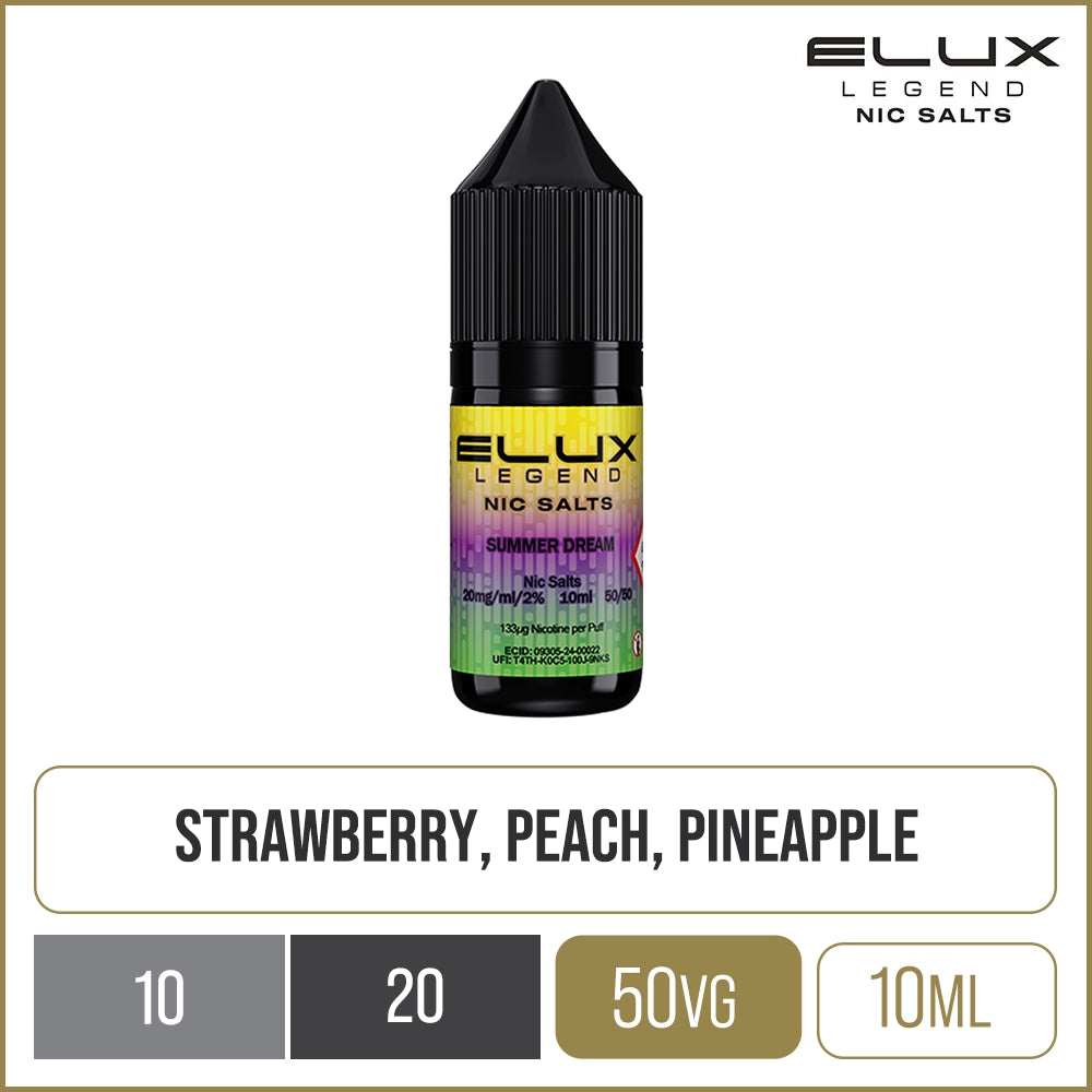 Summer dream flavoured ELUX Legends Nic Salts e-liquid on a white background with product information below in gold boxes.