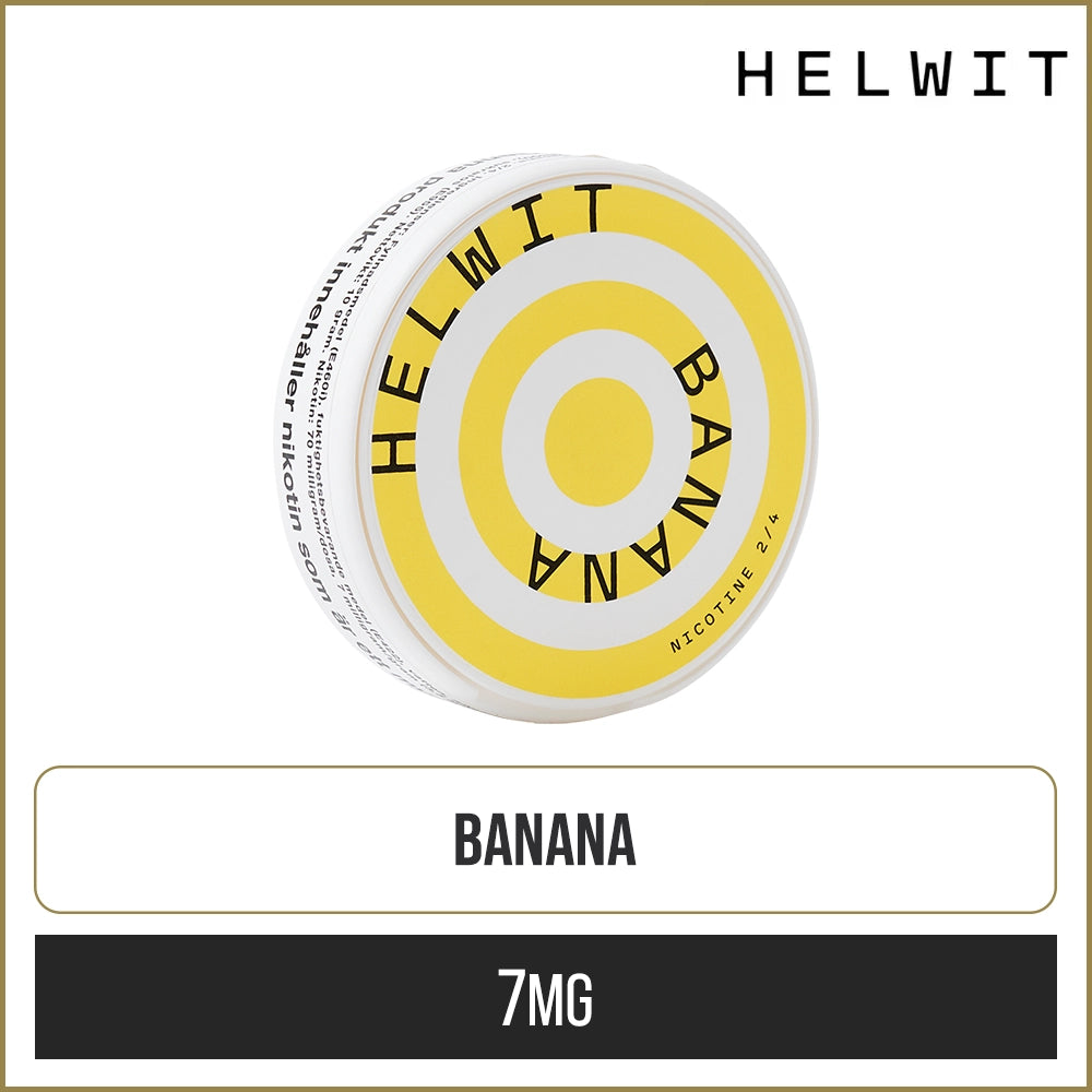 Banana flavoured nicotine pouches on a white background with nicotine strength below.