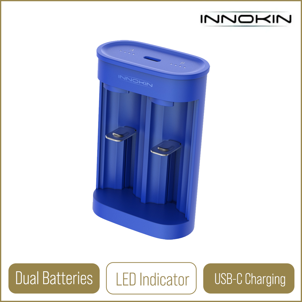 Innokin Trine Power Hub on a white background with product information below in gold boexes.