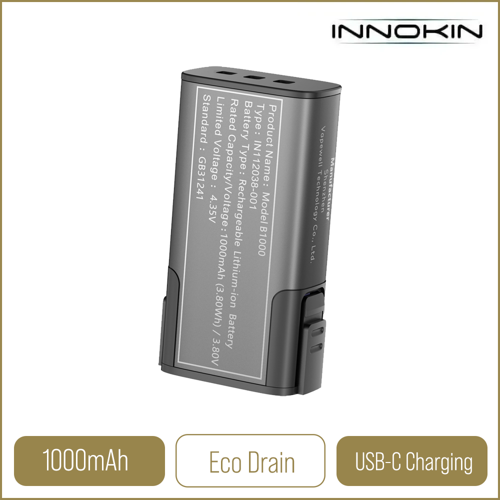 Innokin Trine replacement battery on a white background with product information below in gold boxes.