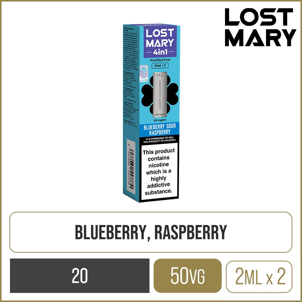 Blueberry sour raspberry flavoured Lost Mary 4in1 pod pack on a white background with product information below in gold boxes.