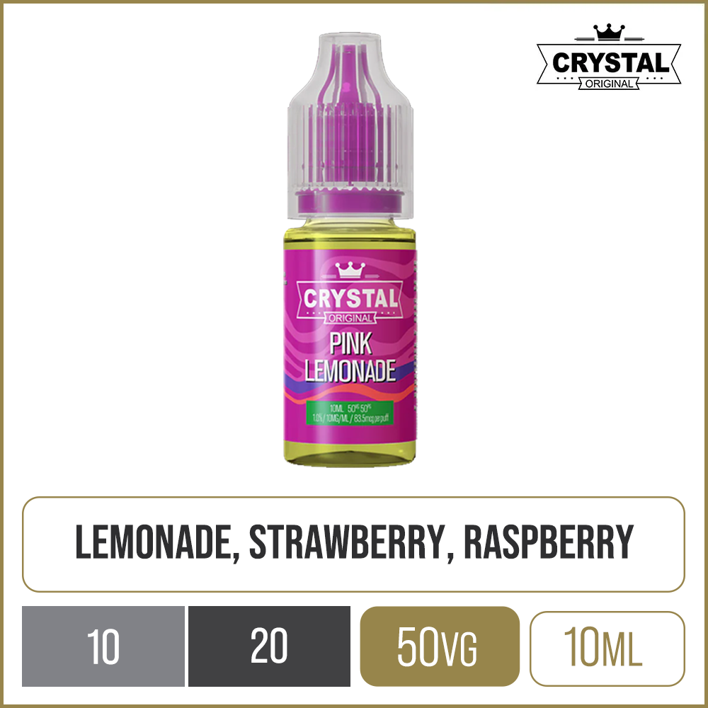 Pink lemonade flavoured Crystal Salt e-liquid on a white background with product information below in gold boxes.