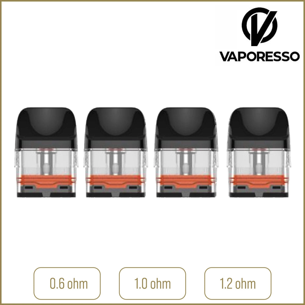 Vaporesso XROS 2.0 pods on a white background with product information in boxes below.