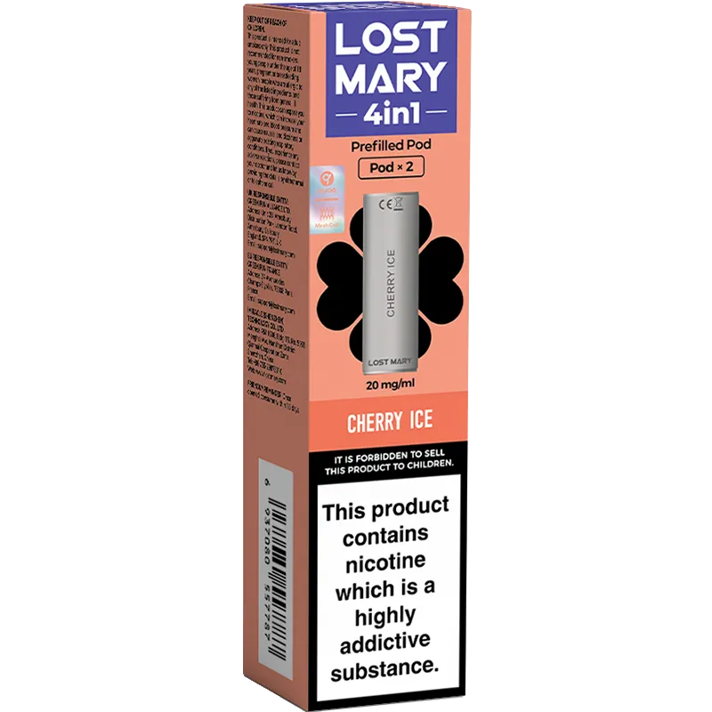 Cherry ice flavoured Lost Mary 4in1 pods on a white background with product information below in gold boxes.