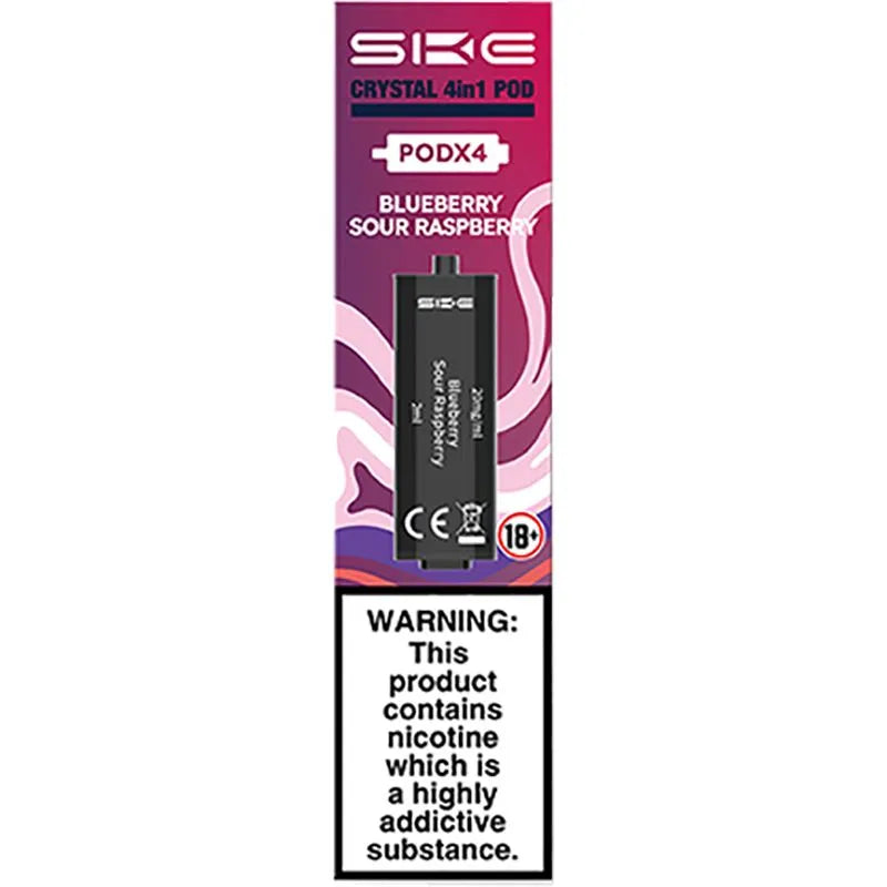 Blueberry sour raspberry flavoured Crystal 4in1 pods on a white background with product information below.