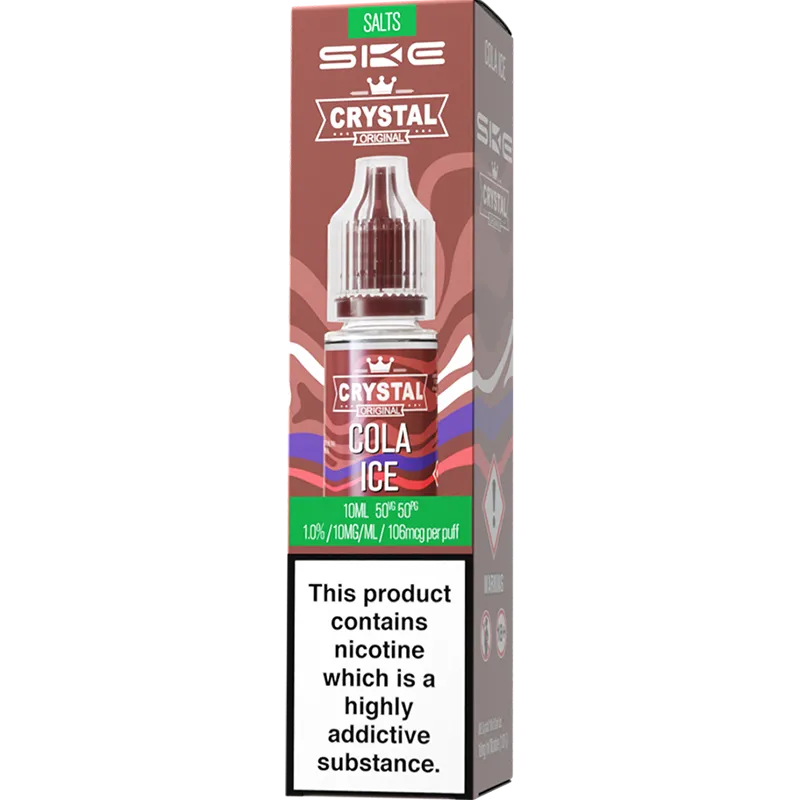 A SKE Crystal Salts cola ice flavoured e-liquid box in a 10mg nicotine strength.