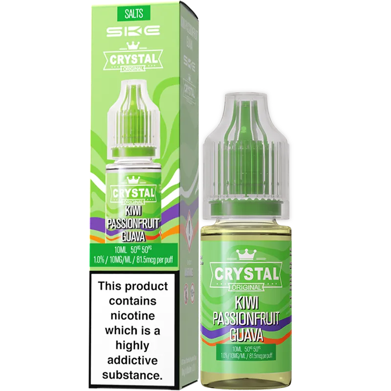 A SKE Crystal Salts kiwi passionfruit guava flavoured e-liquid and box in a 10mg nicotine strength.
