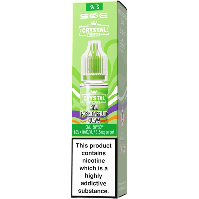 A SKE Crystal Salts kiwi passionfruit guava flavoured e-liquid box in a 10mg nicotine strength.