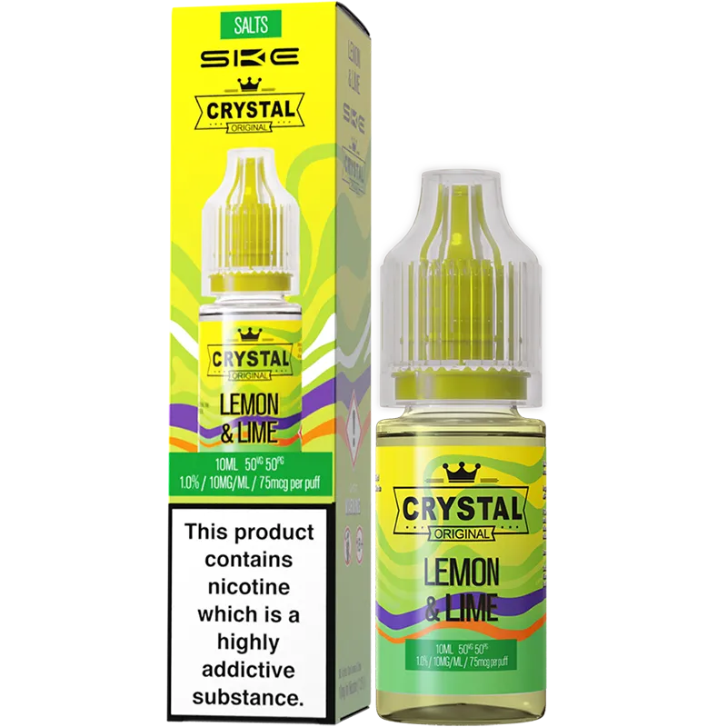 A SKE Crystal Salts lemon & lime flavoured e-liquid and box in a 10mg nicotine strength.