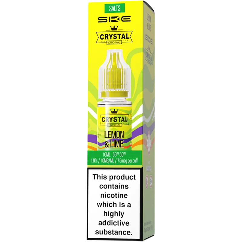 A SKE Crystal Salts lemon & lime flavoured e-liquid box in a 10mg nicotine strength.