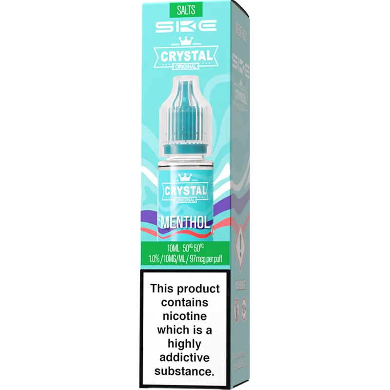 A SKE Crystal Salts menthol flavoured e-liquid box in a 10mg nicotine strength.
