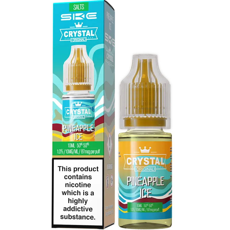 A SKE Crystal Salts triple mango flavoured e-liquid and box in a 10mg nicotine strength.