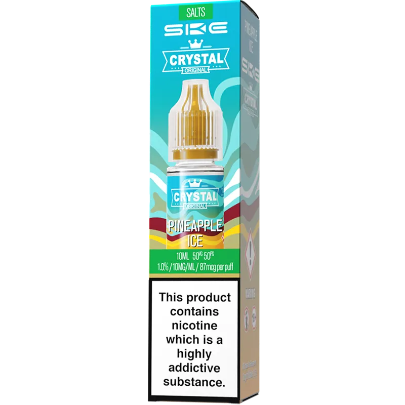 A SKE Crystal Salts triple mango flavoured 10mg e-liquid box.