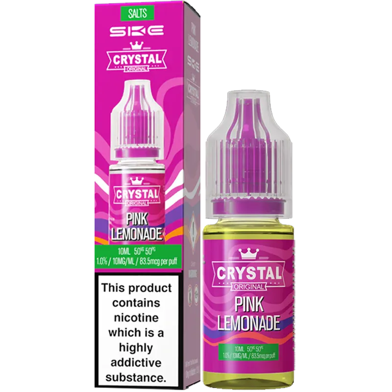 Pink lemonade flavoured Crystal Salt e-liquid and box on a white background.