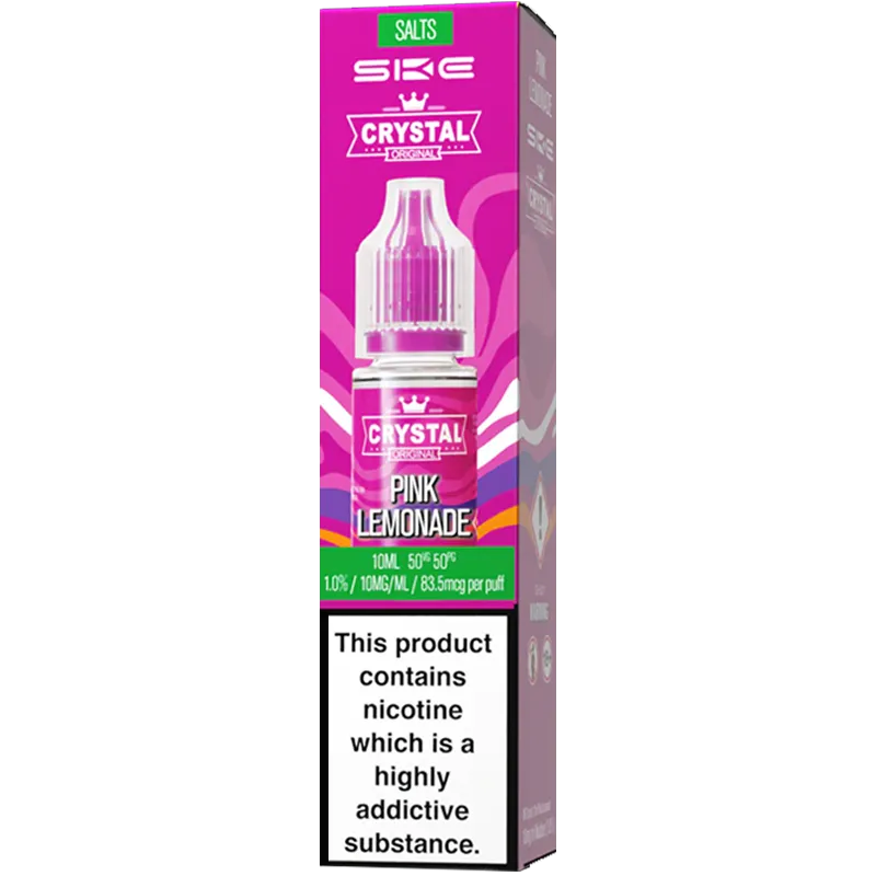Pink lemonade flavoured Crystal Salt e-liquid box on a white background.