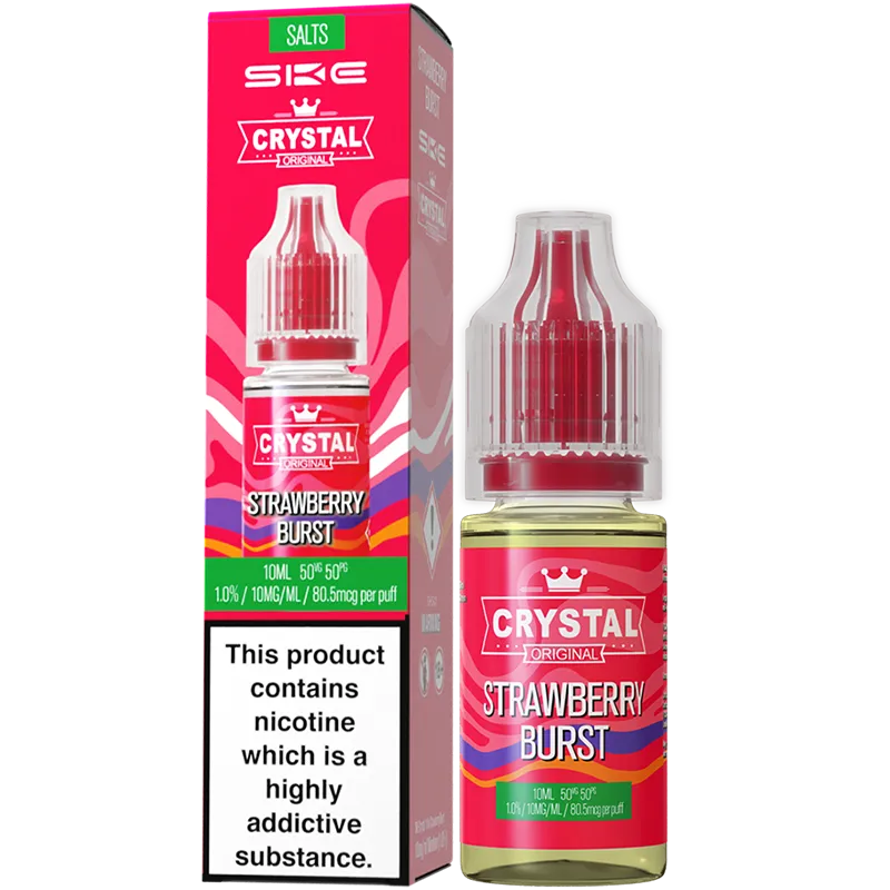 A SKE Crystal Salts strawberry burst flavoured e-liquid and box in a 10mg nicotine strength.