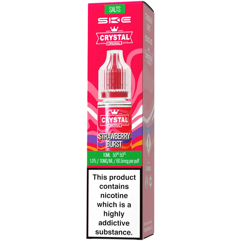 A SKE Crystal Salts strawberry burst flavoured e-liquid box in a 10mg nicotine strength.