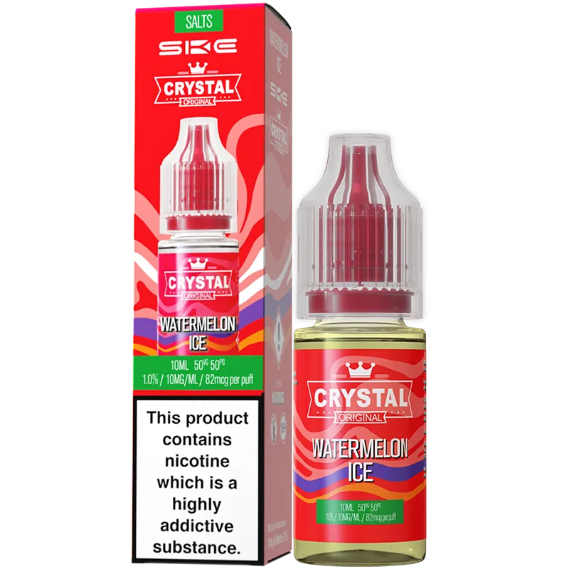 A SKE Crystal Salts watermelon ice flavoured e-liquid and box in a 10mg nicotine strength.