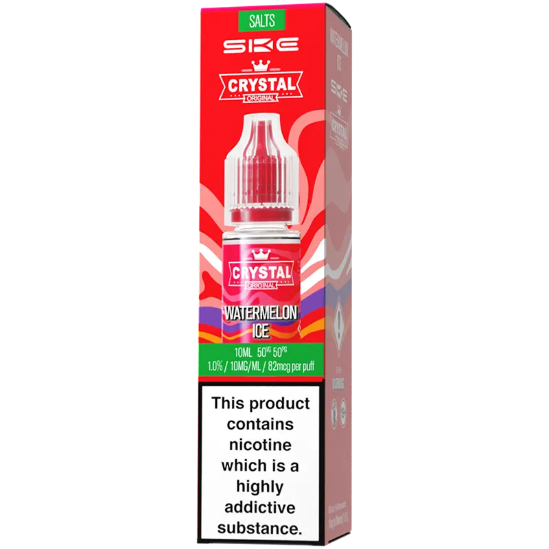 A SKE Crystal Salts watermelon ice flavoured e-liquid box in a 10mg nicotine strength.