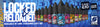 Several Strapped Reloaded 10ml nic salts bottles lined up in a row, with 'Locked & Reloaded' in white text above, with 3 For £10 written in white font in the bottom left.