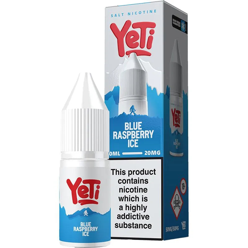 Blue raspberry ice Yeti on a white background with product information below.