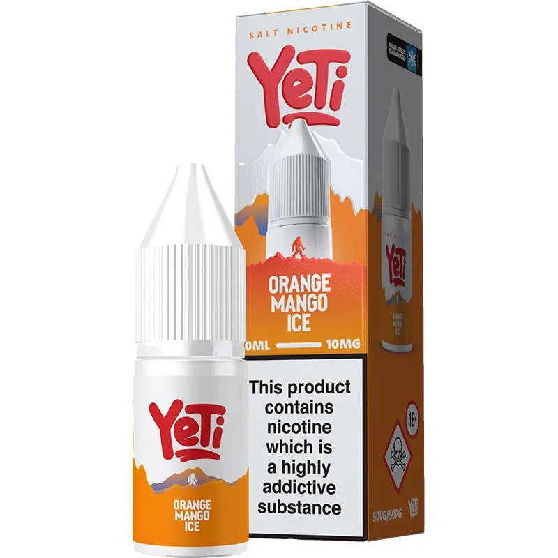 Orange mango ice Yeti e-liquid in a 20mg on a white background with product information below in gold boxes.